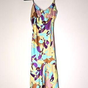 Vintage Y2K Indie Silk Babydoll Midi Dress Retro Abstract V-Neck Express XS